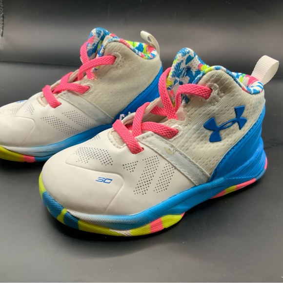 Under Armour Kids Colorful Sneakers Size 5 K Pink Laces White Blue Yellow - Picture 4 of 10